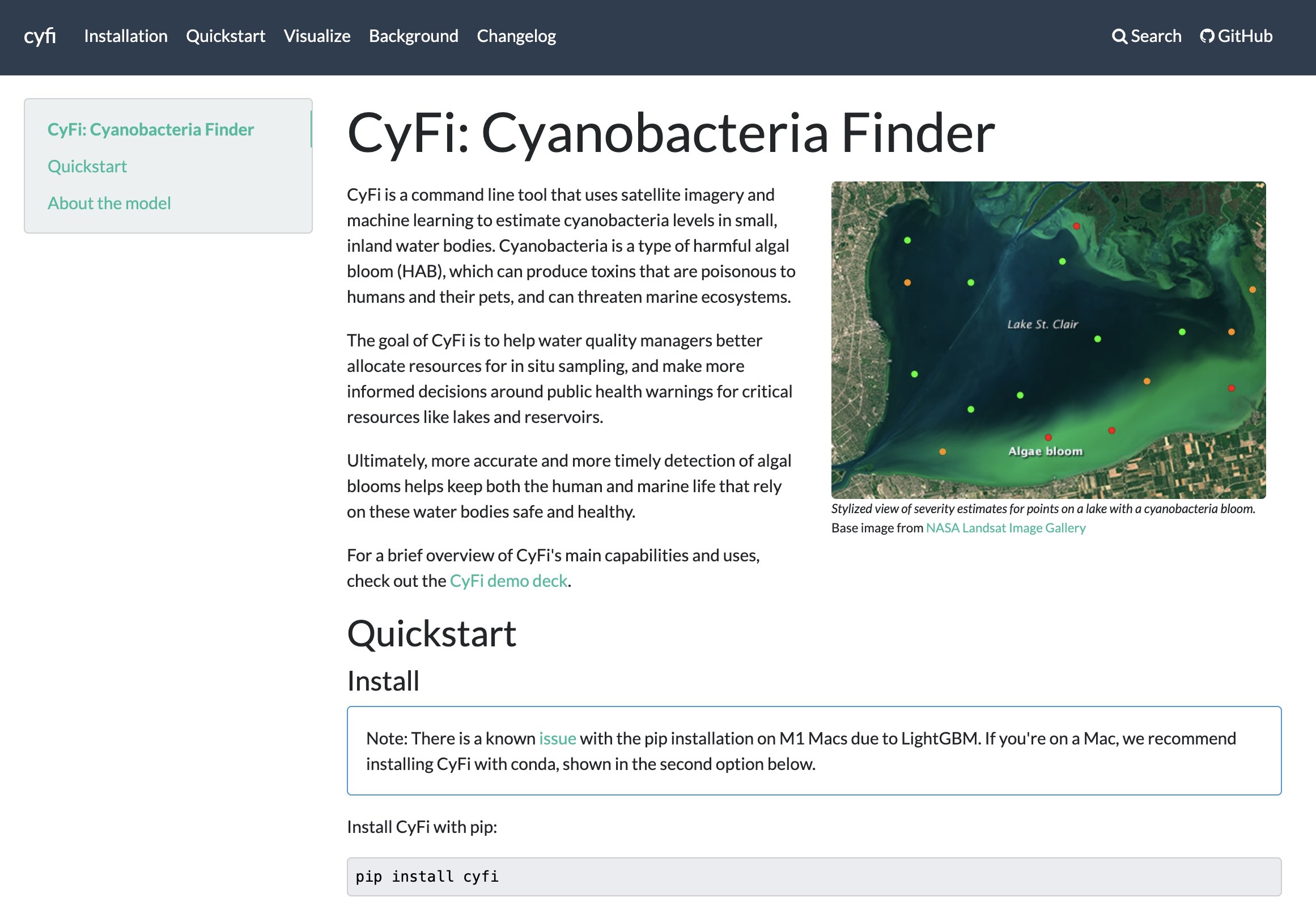 Screenshot of the landing page for CyFi's documentation, showing an overview, quickstart instructions, and a navigation bar with other useful topics.