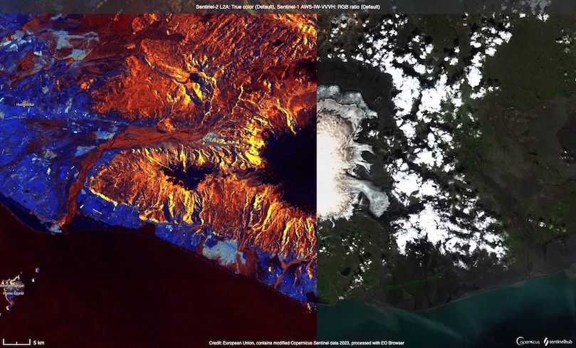 Split satellite image of Iceland's Katla volcano in August 2023 showing Sentinel-1 synthetic aperature radar image (left) and Sentinel-2 true color image (right).