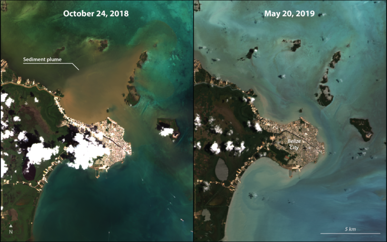 Satellite image of sediment coming out of the Belize river (left), compared to a relatively clear image from a different date.