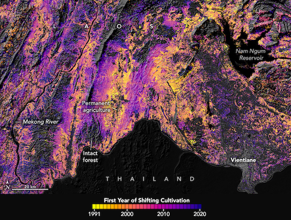 Map of shifting cultivation in Laos using Landsat satellite imagery and GEDI data.