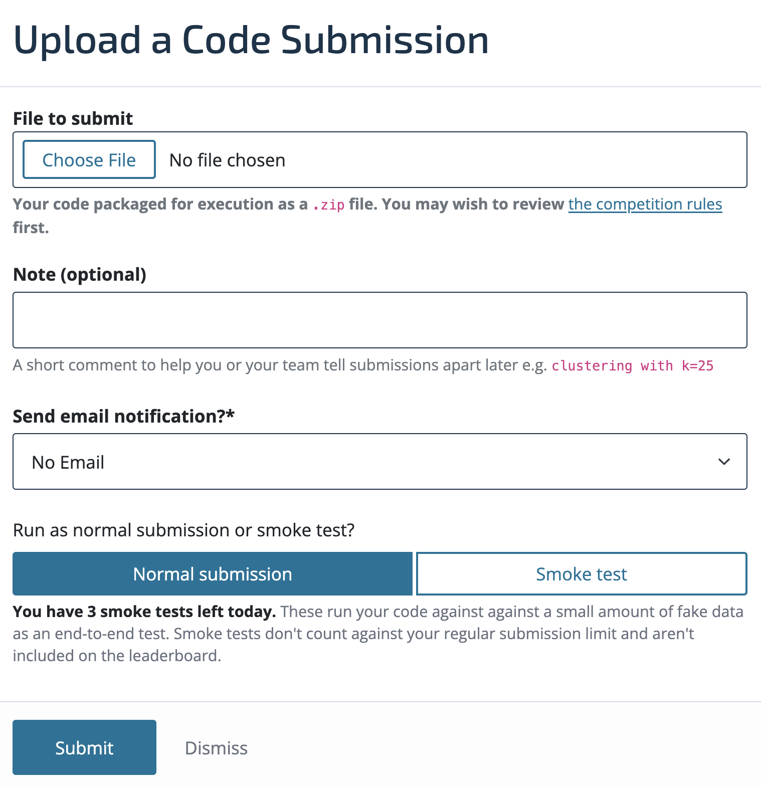 Screenshot of the competition submission page showing the options of a normal submission or a smoke test submission.