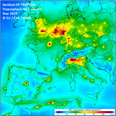 TROPOMI tropospheric NO2 column data visualized of Europe in 2019. Source: EU, ESA, KNMI